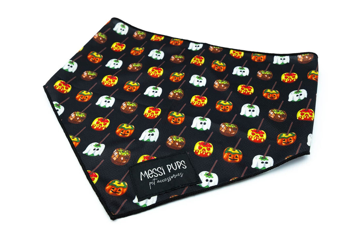 Messi Pups Dookin’ for Apples bandana with apple and dog pattern, soft fabric accessory for pets.