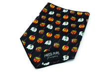 Messi Pups Dookin’ for Apples bandana featuring colorful apple and pumpkin print on soft fabric for dogs.