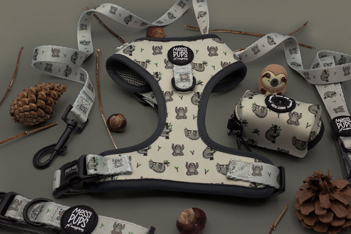 Messi Pups Eat Sleep Sloth Repeat Mini Bundle featuring adorable sloth-themed dog harnesses and accessories.