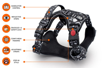 Messi Pups Bad To The Bone-io Ruff 'n Ready Harness with bone design, adjustable straps, and padded comfort for dogs.