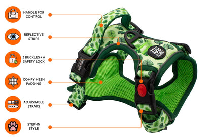 Messi Pups Leaf Me Alone Ruff 'n Ready Harness shown on a dog, with adjustable straps and leaf pattern design.