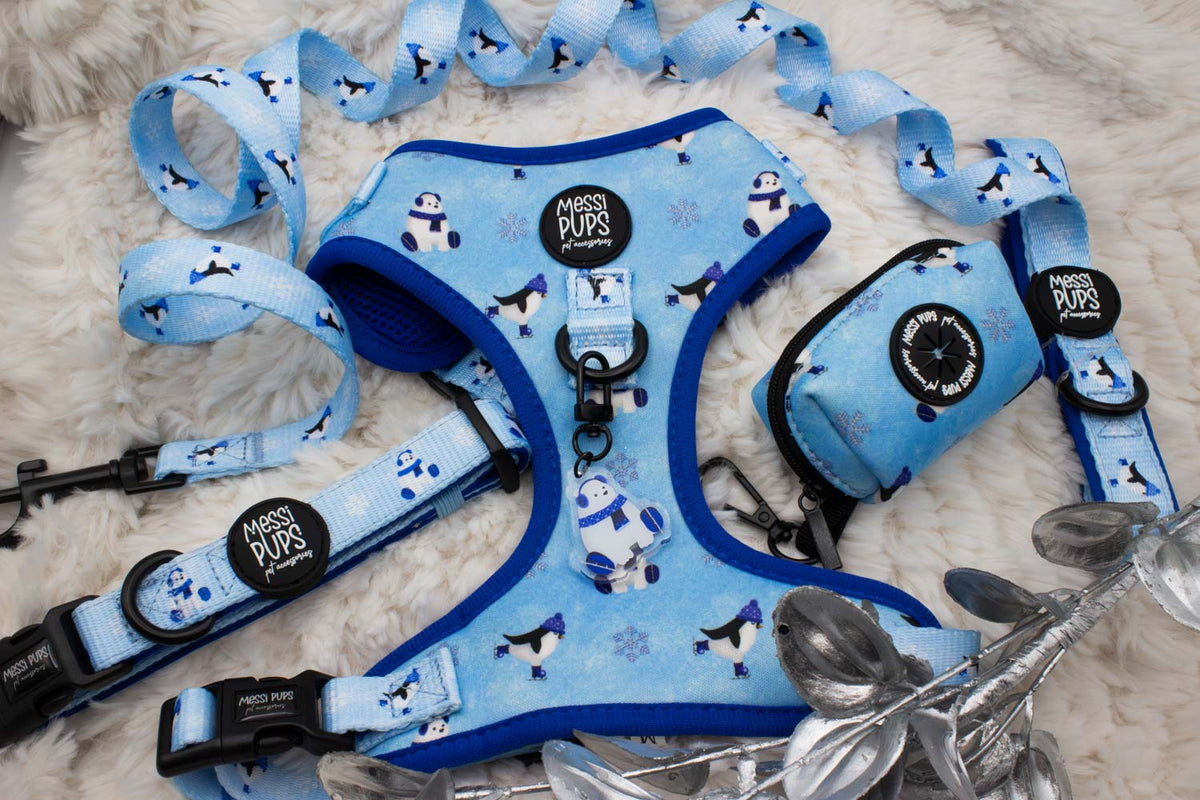 Messi Pups Up To Snow Good Original Harness Mini Bundle featuring colorful pet harnesses and matching accessories.